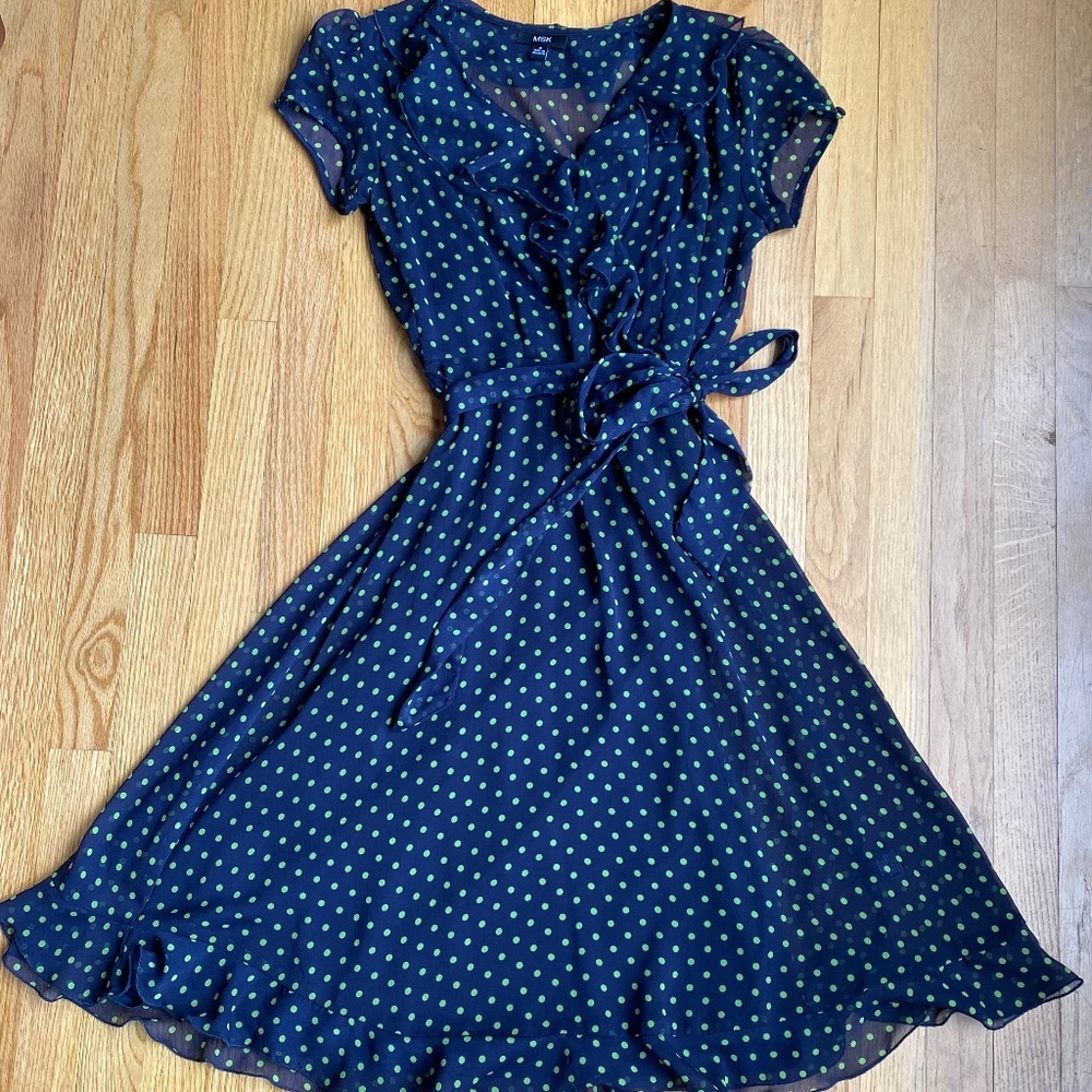 Navy and Green Polka Dot Chiffon Style Dress
